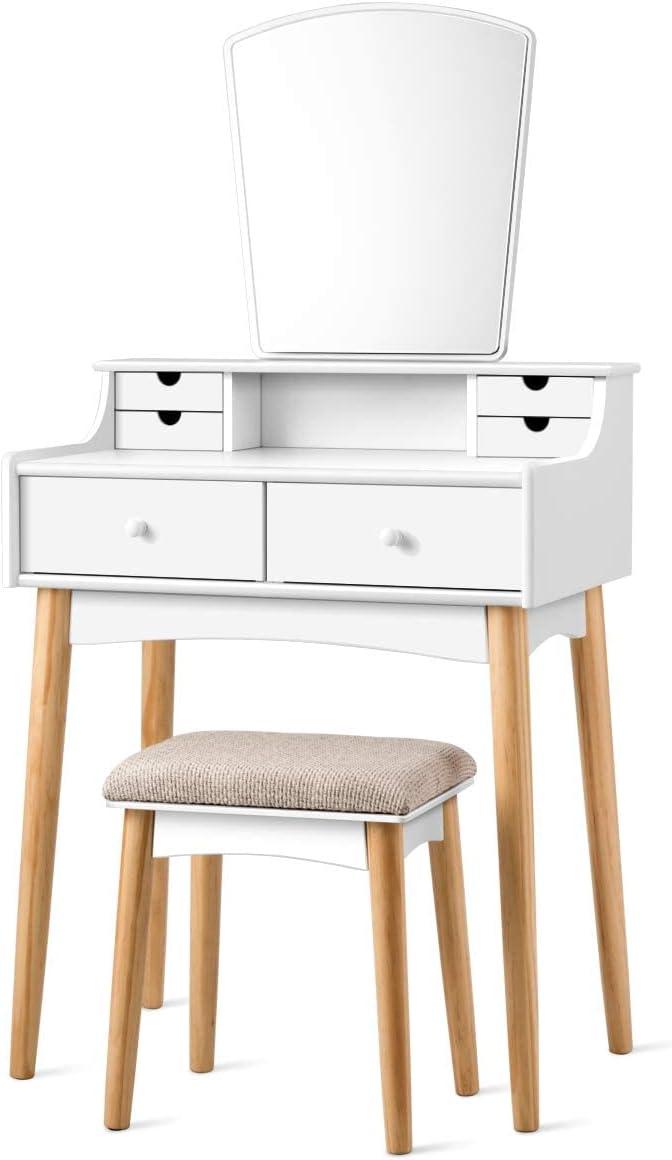 image:imageCHARMAID Small Vanity Desk with Mirror White Makeup Vanity Desk with 3 Drawers Adjustable Heights Compact Bedroom Dressing Table with Stool for Small SpaceWhite Natural No Light