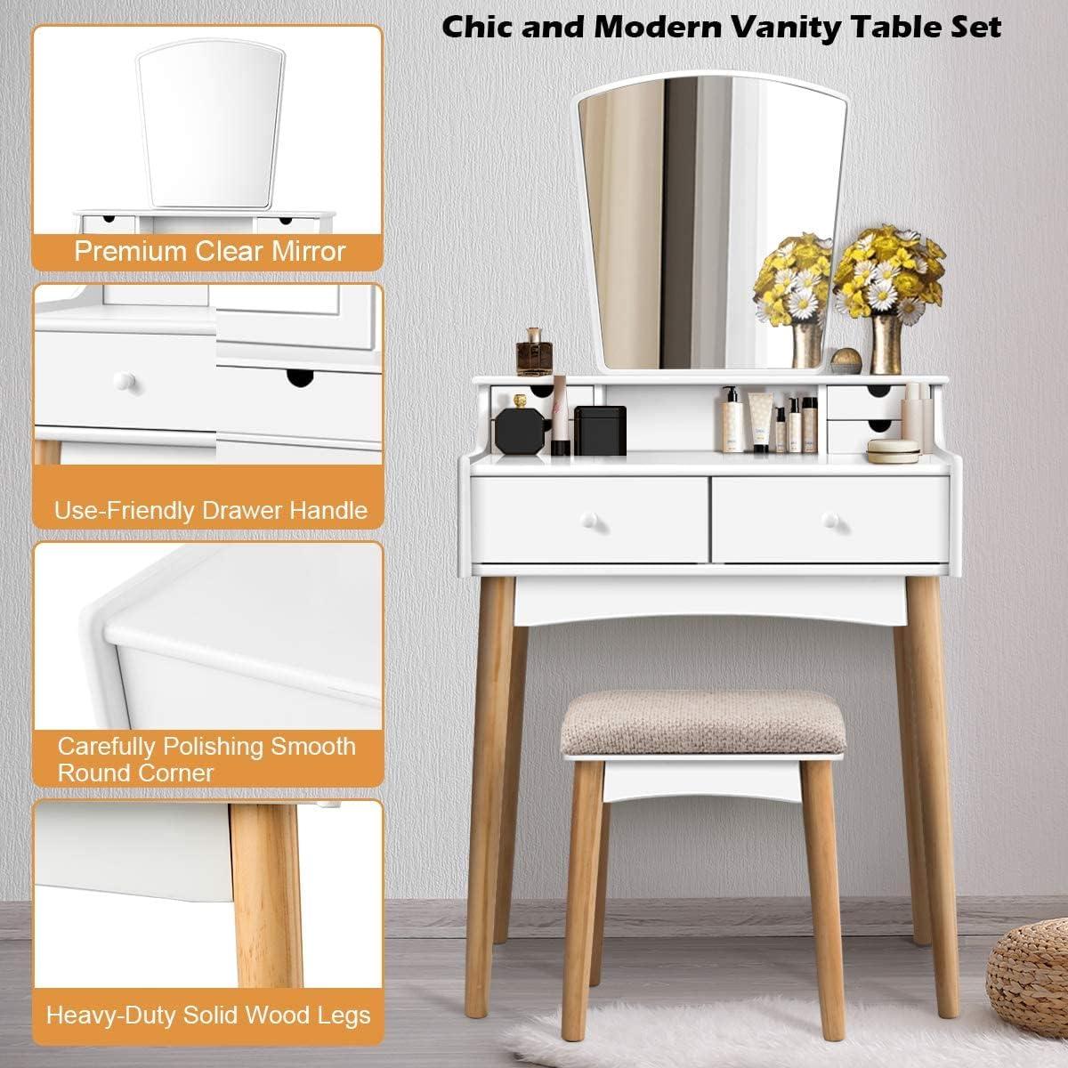 image:imageCHARMAID Small Vanity Desk with Mirror White Makeup Vanity Desk with 3 Drawers Adjustable Heights Compact Bedroom Dressing Table with Stool for Small SpaceWhite Natural No Light
