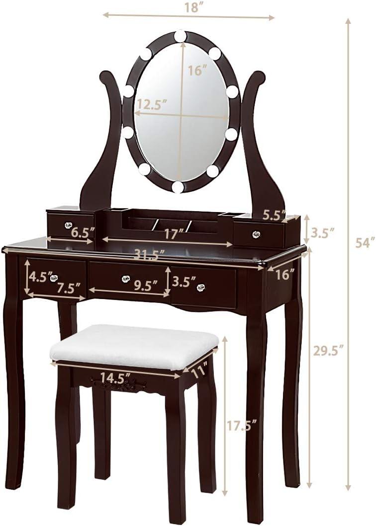 image:imageCHARMAID Vanity Desk with Mirror and Lights Makeup Vanity Table with 5 Storage Drawers 3 Color Lighting Modes Adjustable Brightness Modern Bedroom Dressing Table with Vanity Stool BlackEspresso