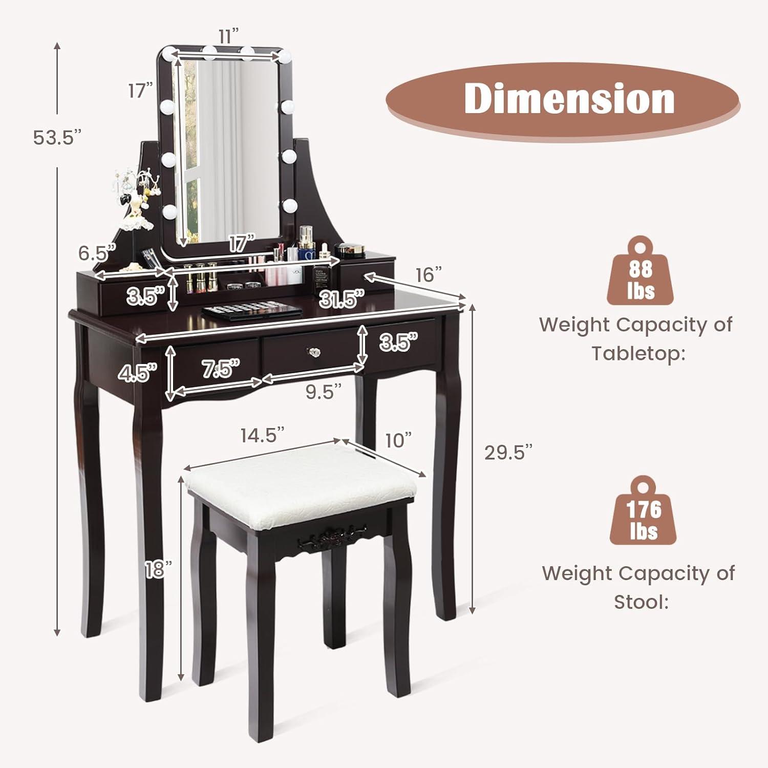 image:imageCHARMAID Vanity Desk with Mirror and Lights Makeup Vanity Table with 5 Storage Drawers 3 Color Lighting Modes Adjustable Brightness Modern Bedroom Dressing Table with Vanity Stool BlackEspresso