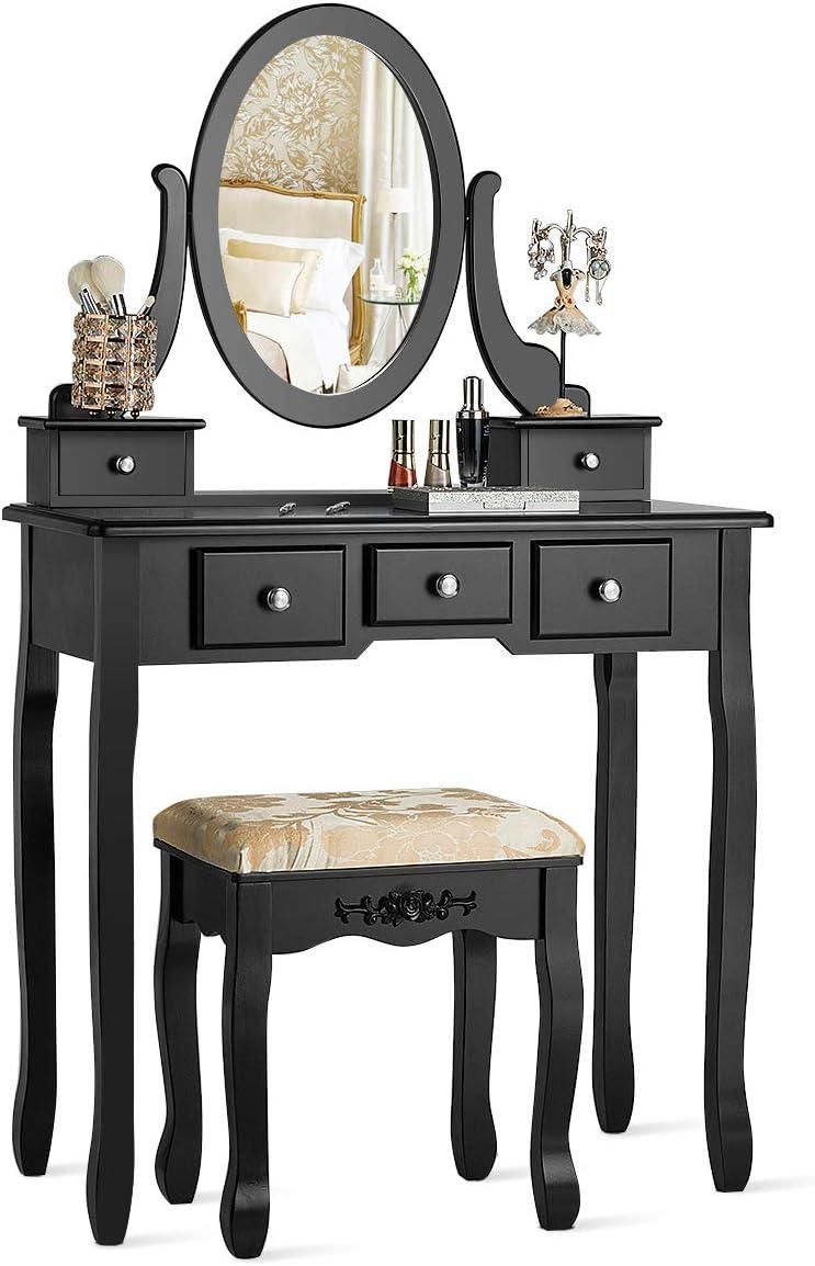 image:imageCHARMAID Vanity Desk with Mirror and Lights Makeup Vanity Table with 5 Storage Drawers 3 Color Lighting Modes Adjustable Brightness Modern Bedroom Dressing Table with Vanity Stool BlackBlack
