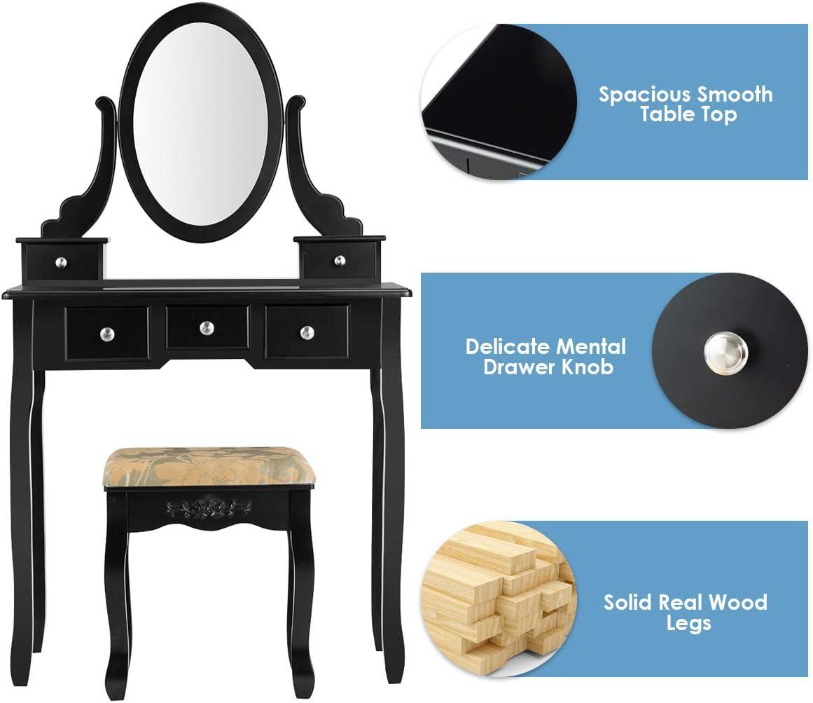 image:imageCHARMAID Vanity Desk with Mirror and Lights Makeup Vanity Table with 5 Storage Drawers 3 Color Lighting Modes Adjustable Brightness Modern Bedroom Dressing Table with Vanity Stool BlackBlack