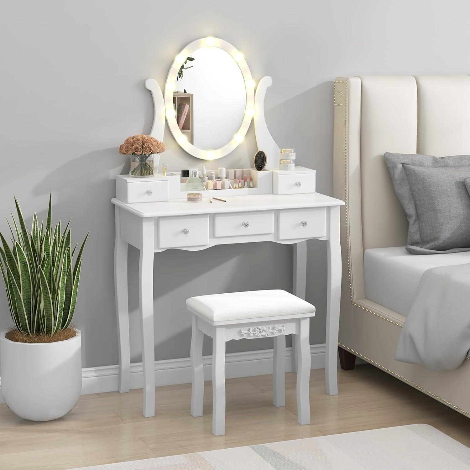 image:imageCHARMAID Vanity Desk with Mirror and Lights Makeup Vanity Table with 5 Storage Drawers 3 Color Lighting Modes Adjustable Brightness Modern Bedroom Dressing Table with Vanity Stool BlackWhite