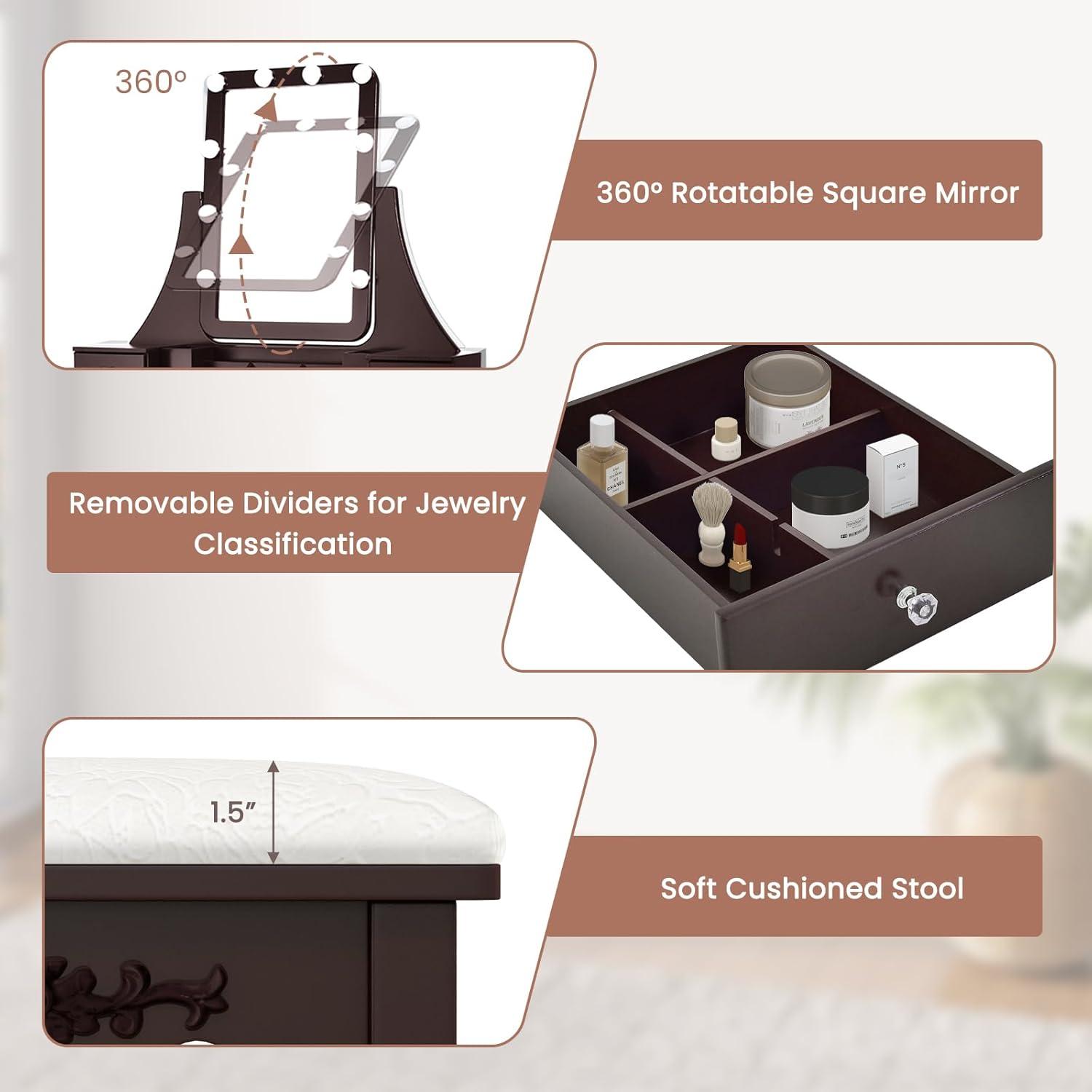 image:imageCHARMAID Vanity Desk with Mirror and Lights Makeup Vanity Table with 5 Storage Drawers 3 Color Lighting Modes Adjustable Brightness Modern Bedroom Dressing Table with Vanity Stool BlackEspresso