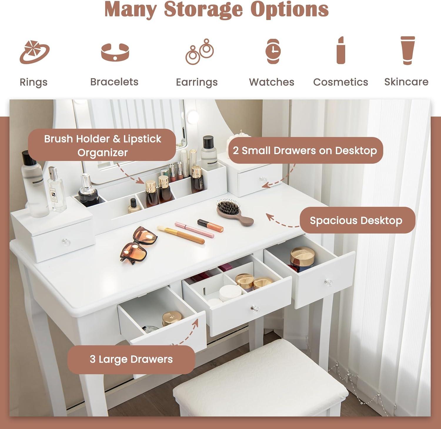 image:imageCHARMAID Vanity Desk with Mirror and Lights Makeup Vanity Table with 5 Storage Drawers 3 Color Lighting Modes Adjustable Brightness Modern Bedroom Dressing Table with Vanity Stool BlackWhite