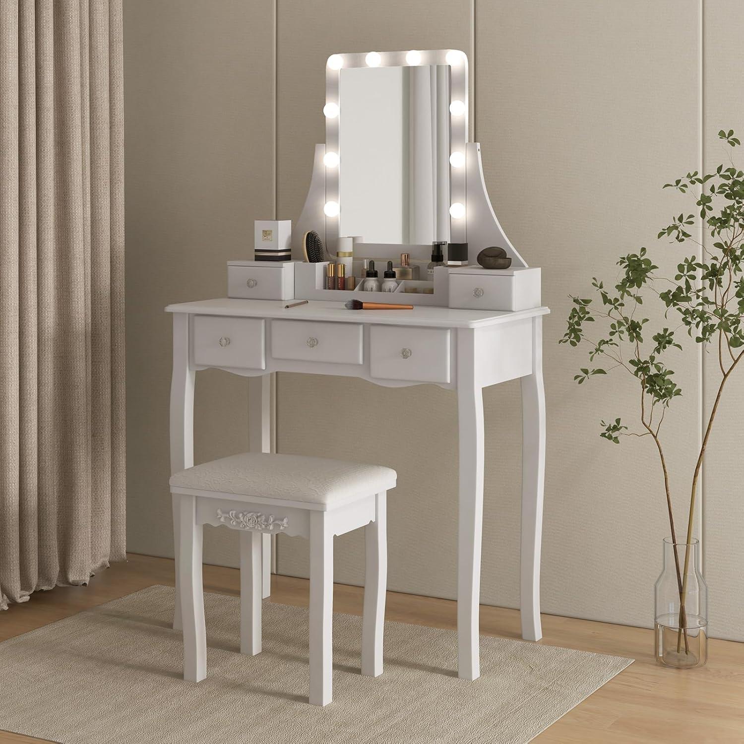 image:imageCHARMAID Vanity Desk with Mirror and Lights Makeup Vanity Table with 5 Storage Drawers 3 Color Lighting Modes Adjustable Brightness Modern Bedroom Dressing Table with Vanity Stool BlackWhite
