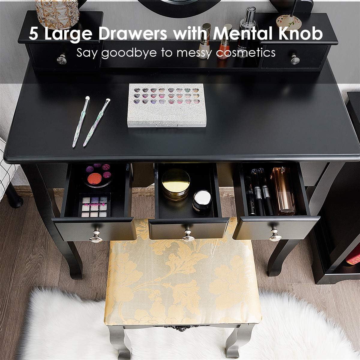 image:imageCHARMAID Vanity Desk with Mirror and Lights Makeup Vanity Table with 5 Storage Drawers 3 Color Lighting Modes Adjustable Brightness Modern Bedroom Dressing Table with Vanity Stool BlackBlack