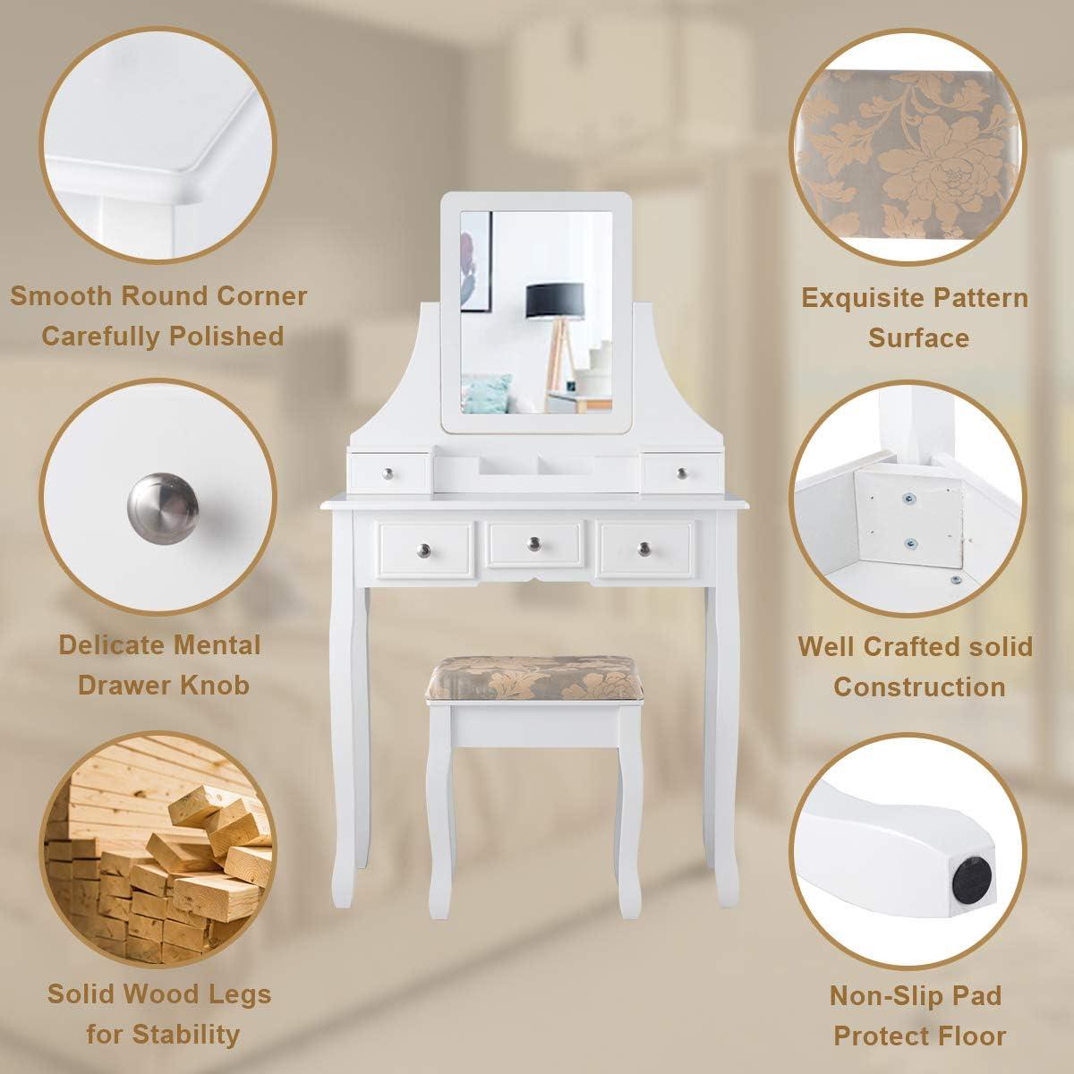 image:imageCHARMAID Vanity Desk with Mirror and Lights Makeup Vanity Table with 5 Storage Drawers 3 Color Lighting Modes Adjustable Brightness Modern Bedroom Dressing Table with Vanity Stool BlackWhite