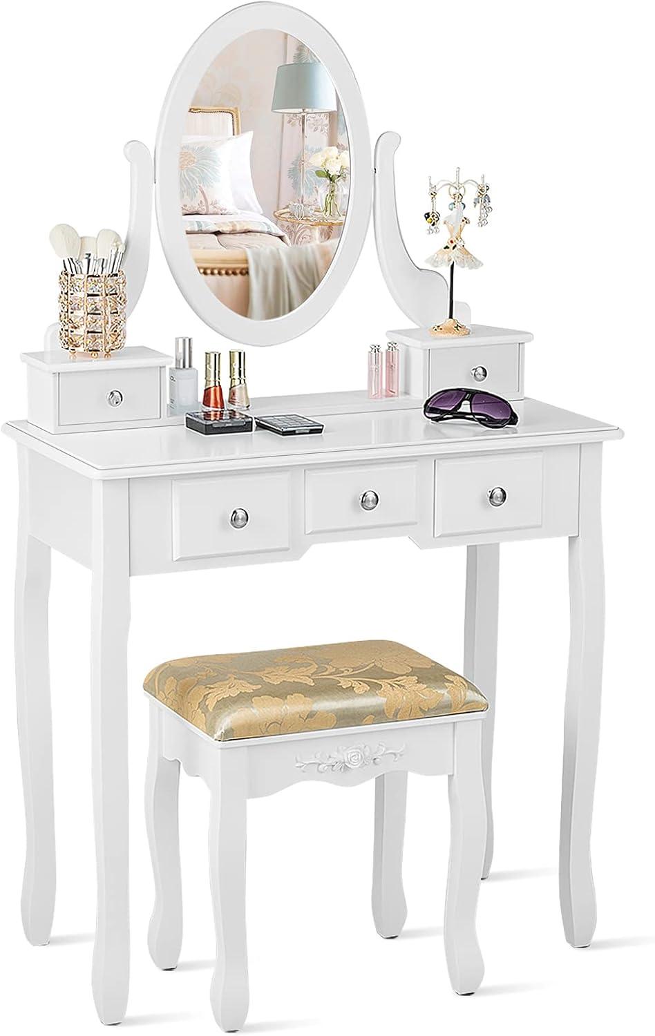 image:imageCHARMAID Vanity Desk with Mirror and Lights Makeup Vanity Table with 5 Storage Drawers 3 Color Lighting Modes Adjustable Brightness Modern Bedroom Dressing Table with Vanity Stool BlackWhite