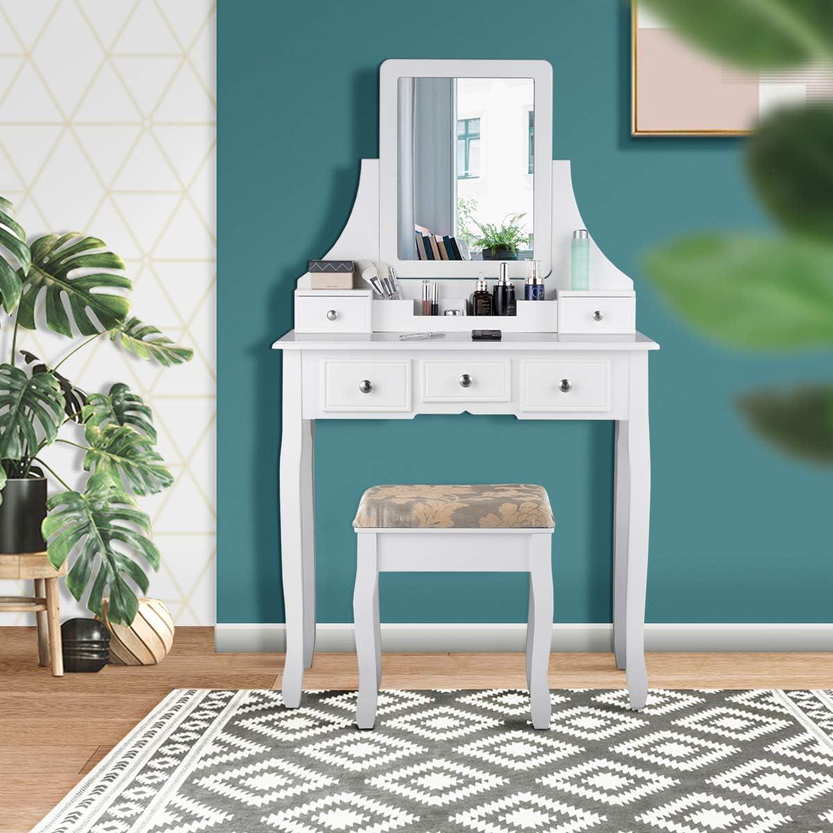 image:imageCHARMAID Vanity Desk with Mirror and Lights Makeup Vanity Table with 5 Storage Drawers 3 Color Lighting Modes Adjustable Brightness Modern Bedroom Dressing Table with Vanity Stool BlackWhite