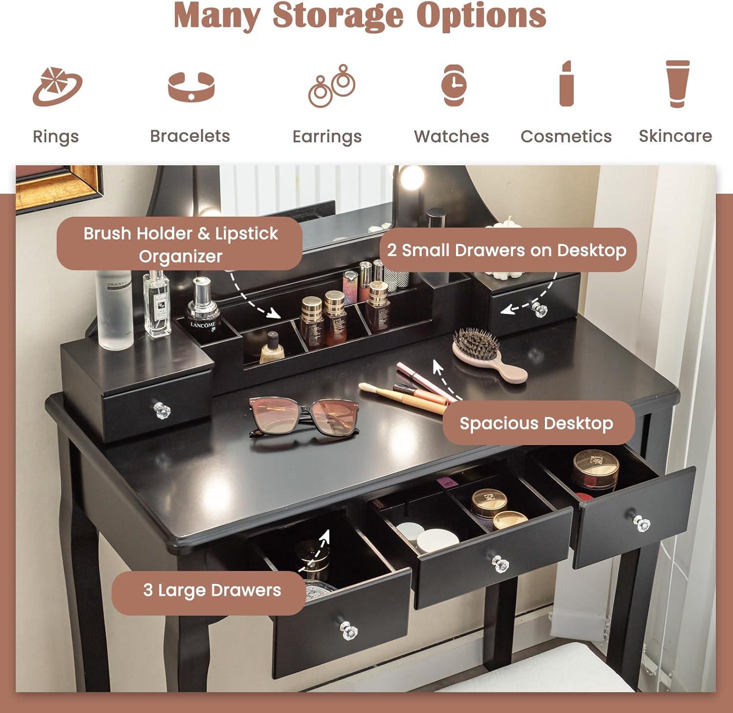 image:imageCHARMAID Vanity Desk with Mirror and Lights Makeup Vanity Table with 5 Storage Drawers 3 Color Lighting Modes Adjustable Brightness Modern Bedroom Dressing Table with Vanity Stool BlackBlack