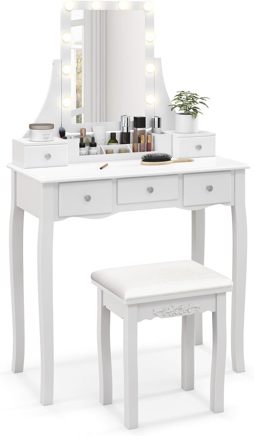 image:imageCHARMAID Vanity Desk with Mirror and Lights Makeup Vanity Table with 5 Storage Drawers 3 Color Lighting Modes Adjustable Brightness Modern Bedroom Dressing Table with Vanity Stool BlackWhite
