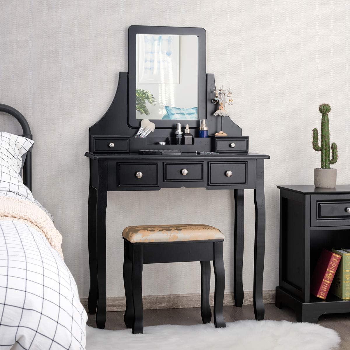 image:imageCHARMAID Vanity Desk with Mirror and Lights Makeup Vanity Table with 5 Storage Drawers 3 Color Lighting Modes Adjustable Brightness Modern Bedroom Dressing Table with Vanity Stool BlackBlack