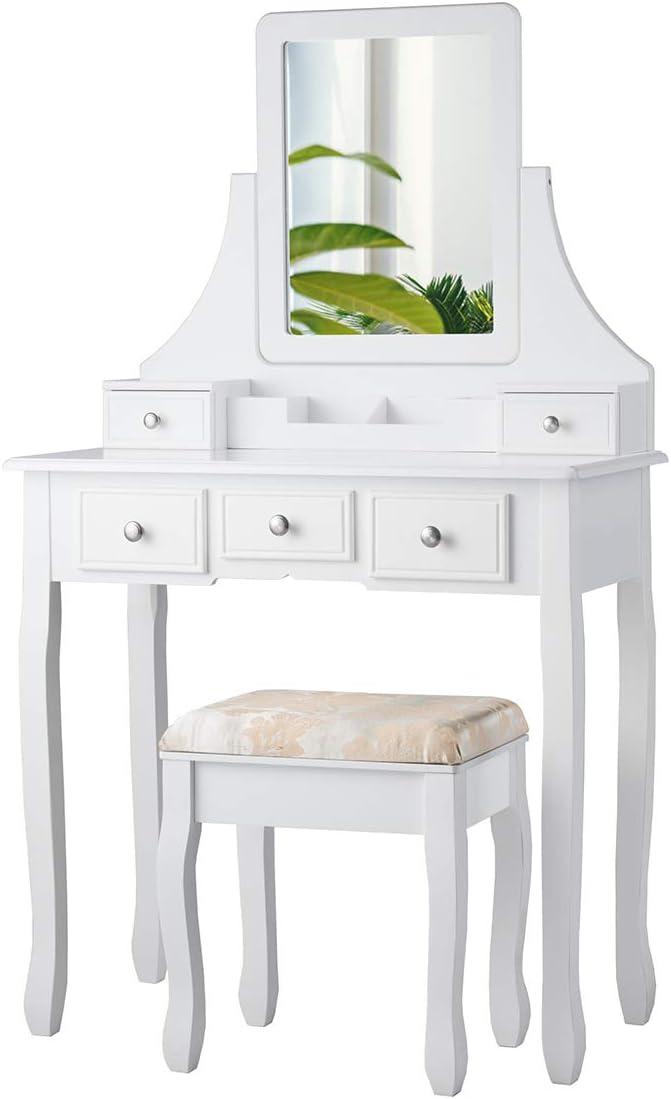 image:imageCHARMAID Vanity Desk with Mirror and Lights Makeup Vanity Table with 5 Storage Drawers 3 Color Lighting Modes Adjustable Brightness Modern Bedroom Dressing Table with Vanity Stool BlackWhite