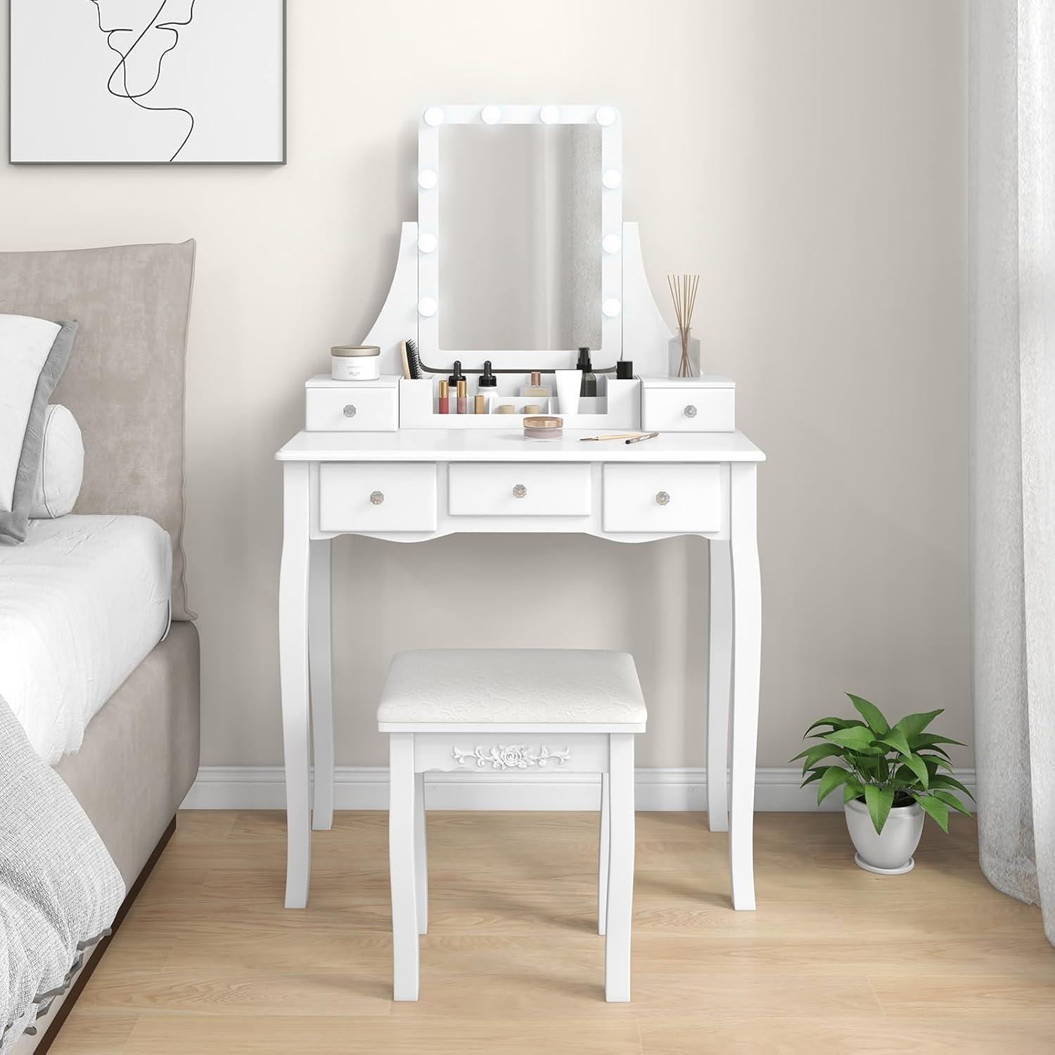 image:imageCHARMAID Vanity Desk with Mirror and Lights Makeup Vanity Table with 5 Storage Drawers 3 Color Lighting Modes Adjustable Brightness Modern Bedroom Dressing Table with Vanity Stool BlackWhite