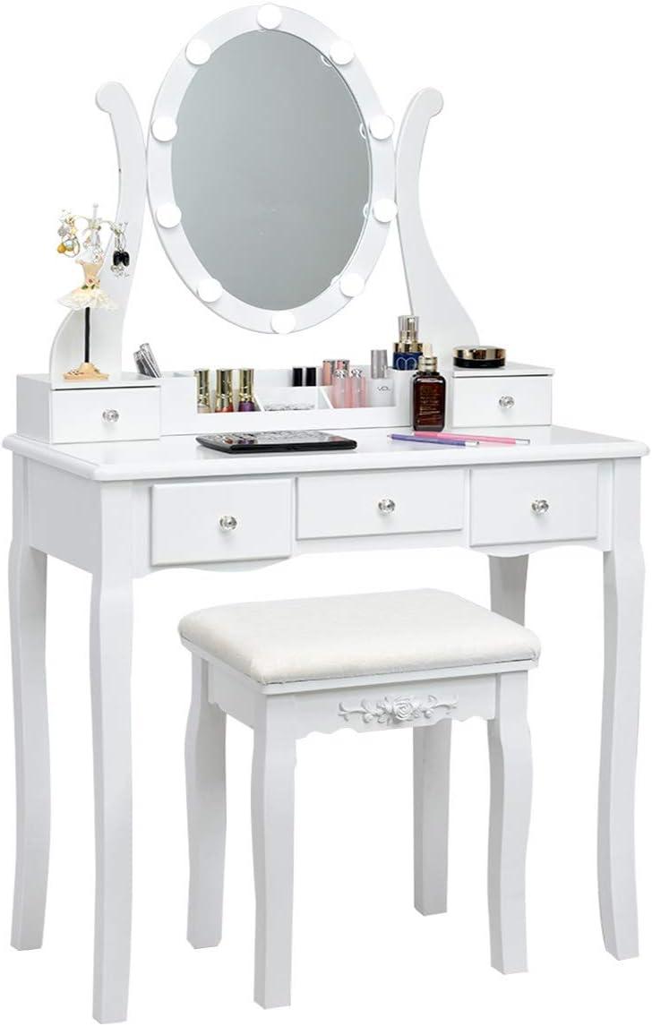 image:imageCHARMAID Vanity Desk with Mirror and Lights Makeup Vanity Table with 5 Storage Drawers 3 Color Lighting Modes Adjustable Brightness Modern Bedroom Dressing Table with Vanity Stool BlackWhite