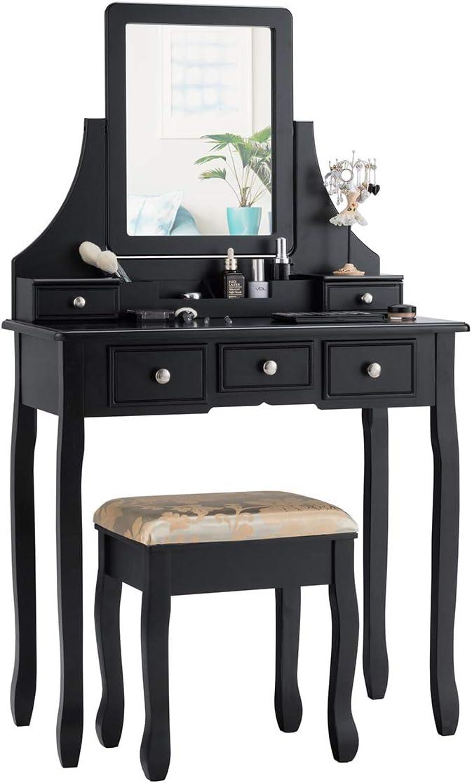 image:imageCHARMAID Vanity Desk with Mirror and Lights Makeup Vanity Table with 5 Storage Drawers 3 Color Lighting Modes Adjustable Brightness Modern Bedroom Dressing Table with Vanity Stool BlackBlack
