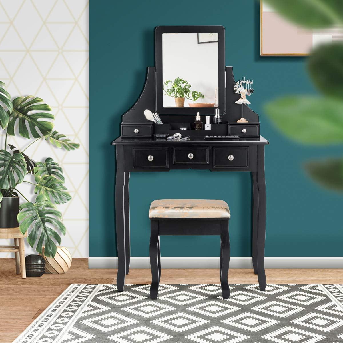 image:imageCHARMAID Vanity Desk with Mirror and Lights Makeup Vanity Table with 5 Storage Drawers 3 Color Lighting Modes Adjustable Brightness Modern Bedroom Dressing Table with Vanity Stool BlackBlack