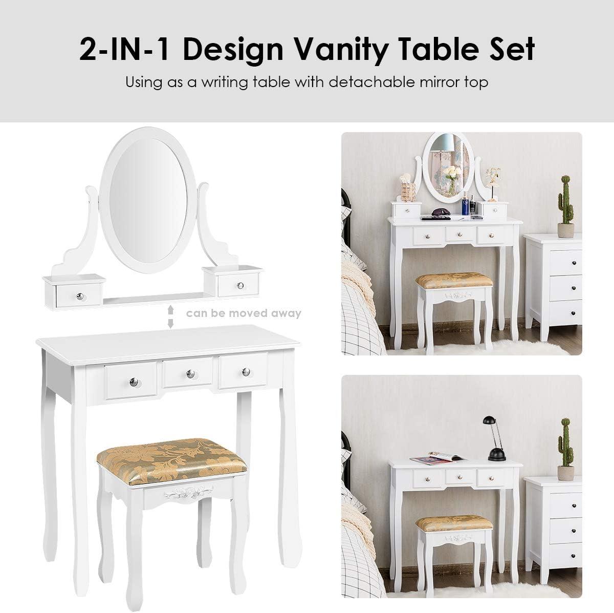 image:imageCHARMAID Vanity Desk with Mirror and Lights Makeup Vanity Table with 5 Storage Drawers 3 Color Lighting Modes Adjustable Brightness Modern Bedroom Dressing Table with Vanity Stool BlackWhite