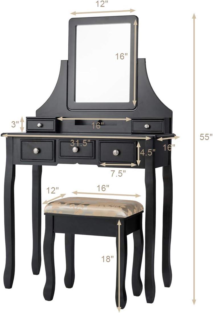 image:imageCHARMAID Vanity Desk with Mirror and Lights Makeup Vanity Table with 5 Storage Drawers 3 Color Lighting Modes Adjustable Brightness Modern Bedroom Dressing Table with Vanity Stool BlackBlack
