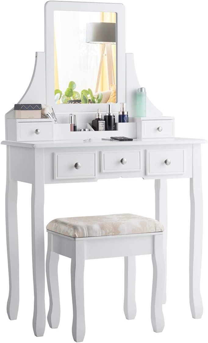 image:imageCHARMAID Vanity Desk with Mirror and Lights Makeup Vanity Table with 5 Storage Drawers 3 Color Lighting Modes Adjustable Brightness Modern Bedroom Dressing Table with Vanity Stool BlackWhite