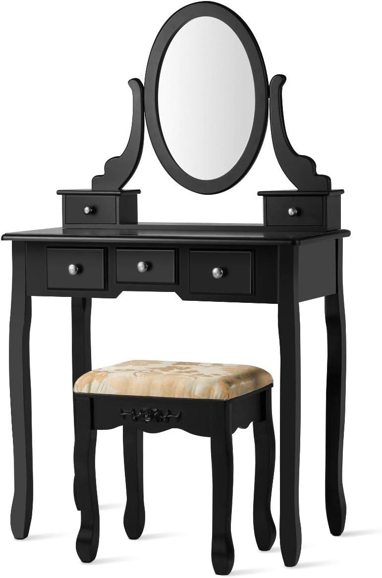 image:imageCHARMAID Vanity Desk with Mirror and Lights Makeup Vanity Table with 5 Storage Drawers 3 Color Lighting Modes Adjustable Brightness Modern Bedroom Dressing Table with Vanity Stool BlackBlack