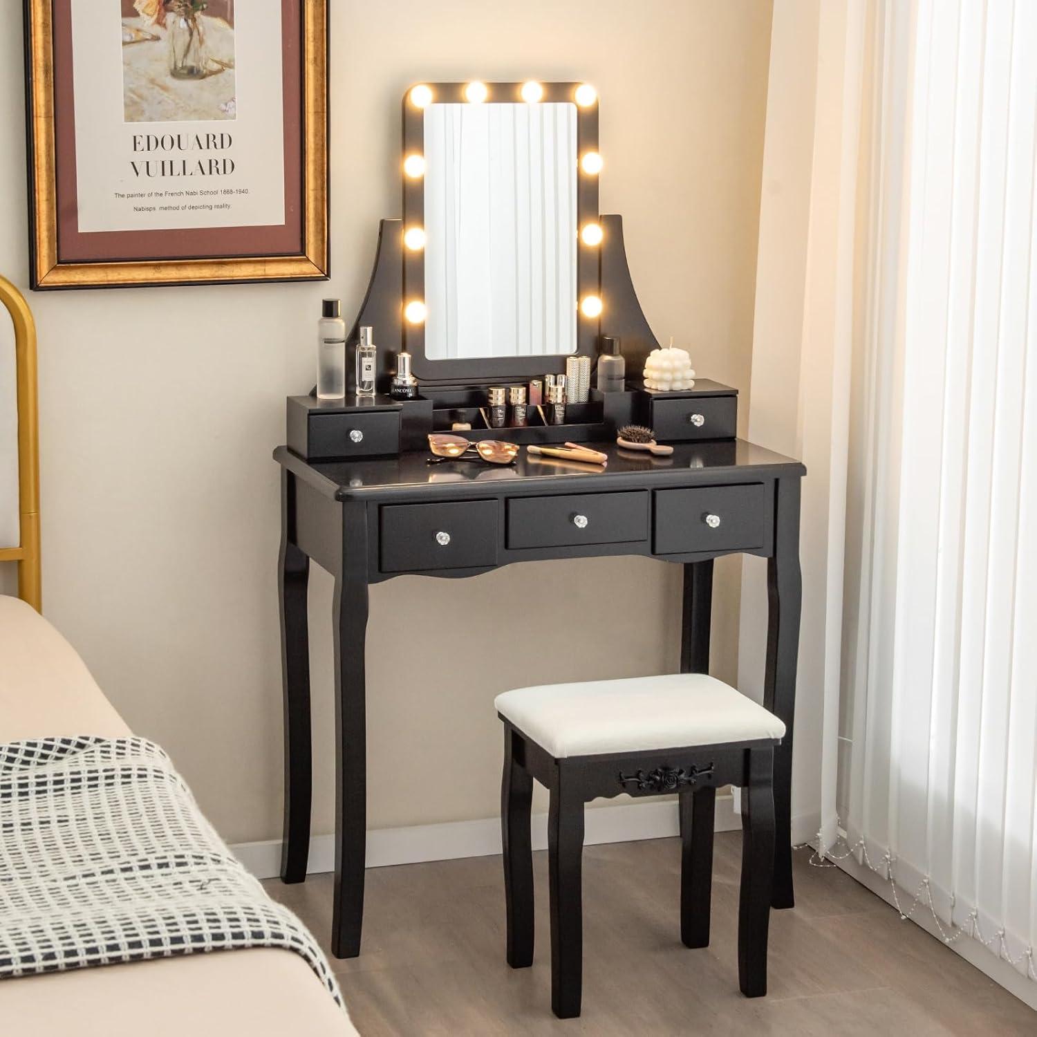 image:imageCHARMAID Vanity Desk with Mirror and Lights Makeup Vanity Table with 5 Storage Drawers 3 Color Lighting Modes Adjustable Brightness Modern Bedroom Dressing Table with Vanity Stool BlackBlack