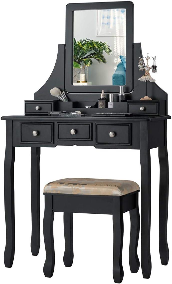image:imageCHARMAID Vanity Desk with Mirror and Lights Makeup Vanity Table with 5 Storage Drawers 3 Color Lighting Modes Adjustable Brightness Modern Bedroom Dressing Table with Vanity Stool BlackBlack