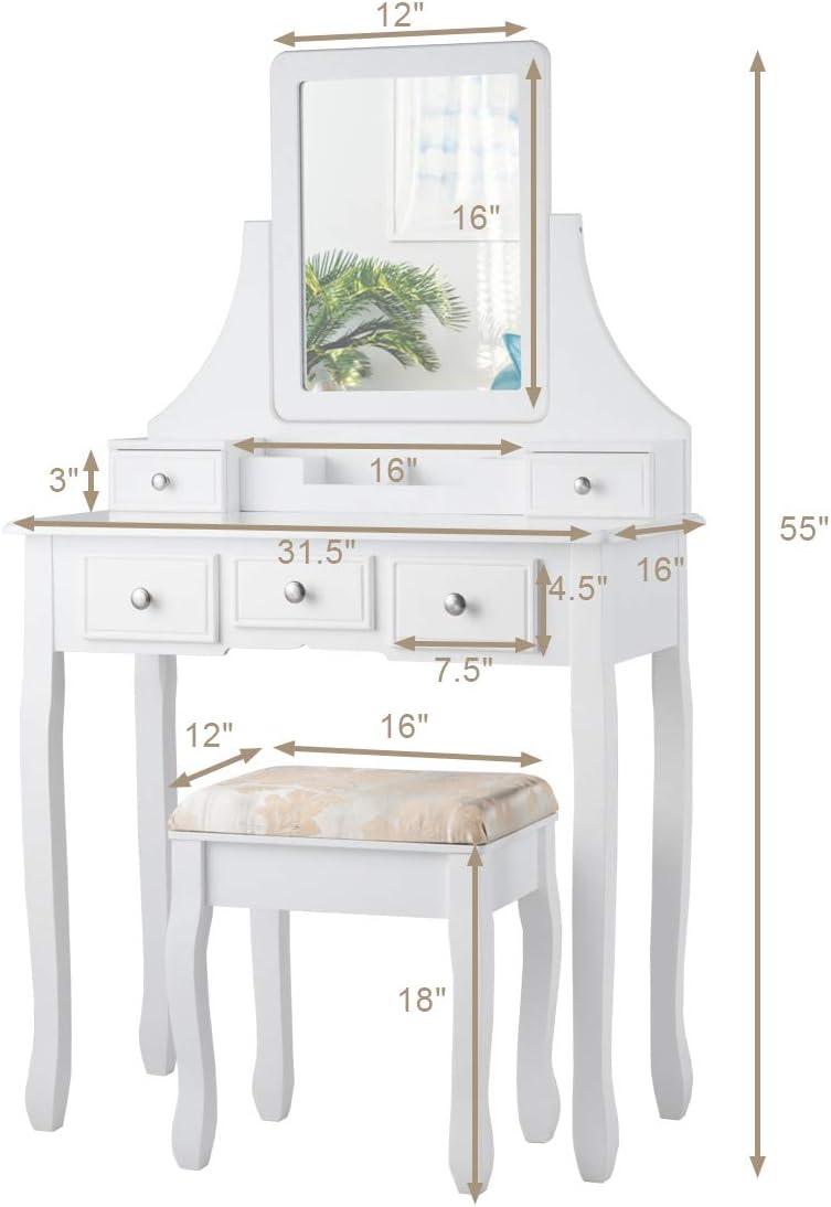 image:imageCHARMAID Vanity Desk with Mirror and Lights Makeup Vanity Table with 5 Storage Drawers 3 Color Lighting Modes Adjustable Brightness Modern Bedroom Dressing Table with Vanity Stool BlackWhite