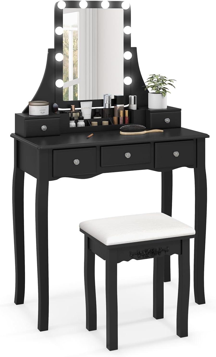 image:imageCHARMAID Vanity Desk with Mirror and Lights Makeup Vanity Table with 5 Storage Drawers 3 Color Lighting Modes Adjustable Brightness Modern Bedroom Dressing Table with Vanity Stool BlackBlack