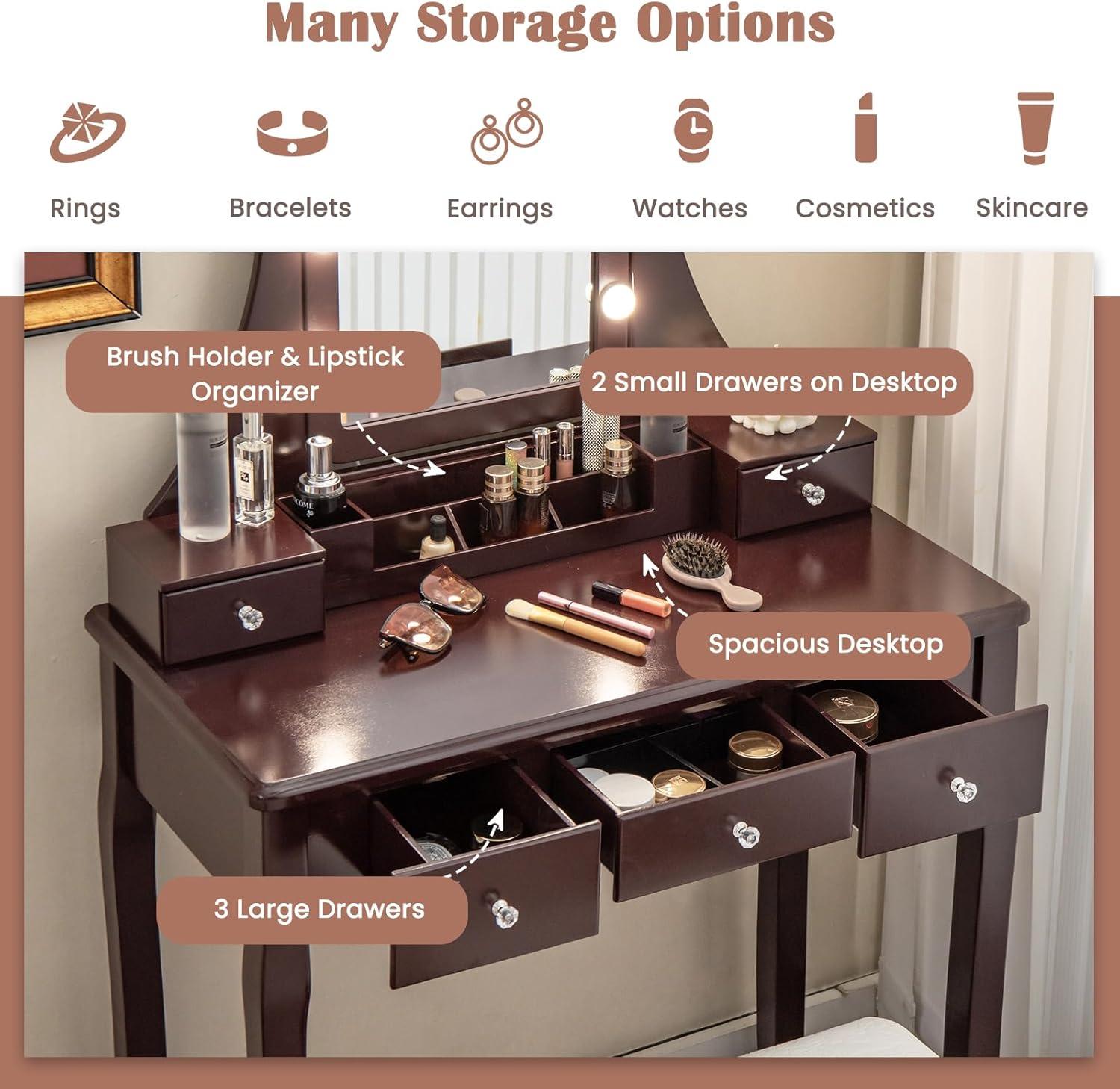 image:imageCHARMAID Vanity Desk with Mirror and Lights Makeup Vanity Table with 5 Storage Drawers 3 Color Lighting Modes Adjustable Brightness Modern Bedroom Dressing Table with Vanity Stool BlackEspresso