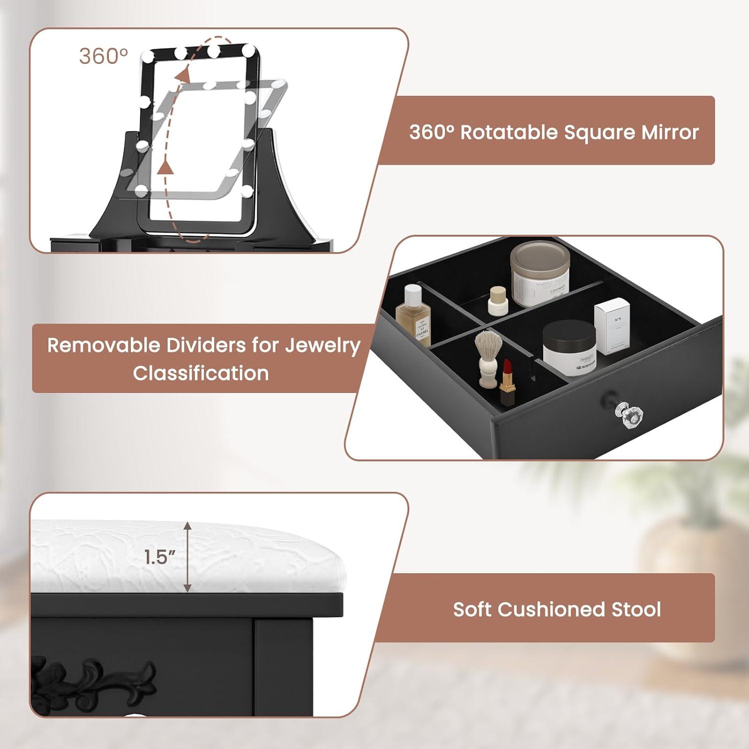 image:imageCHARMAID Vanity Desk with Mirror and Lights Makeup Vanity Table with 5 Storage Drawers 3 Color Lighting Modes Adjustable Brightness Modern Bedroom Dressing Table with Vanity Stool BlackBlack