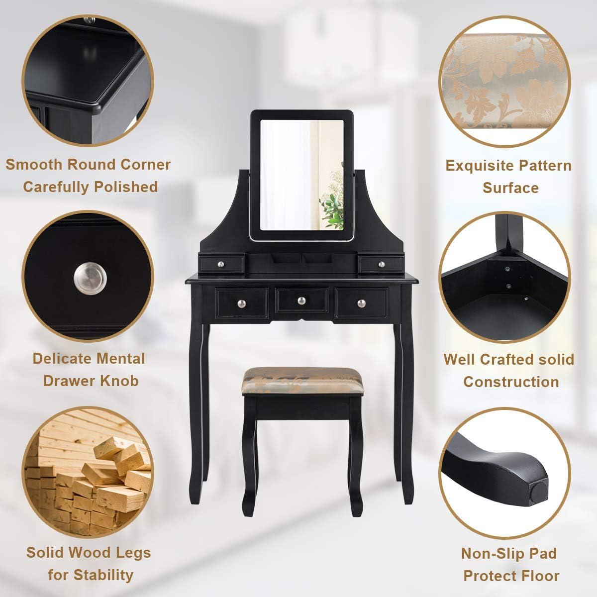 image:imageCHARMAID Vanity Desk with Mirror and Lights Makeup Vanity Table with 5 Storage Drawers 3 Color Lighting Modes Adjustable Brightness Modern Bedroom Dressing Table with Vanity Stool BlackBlack