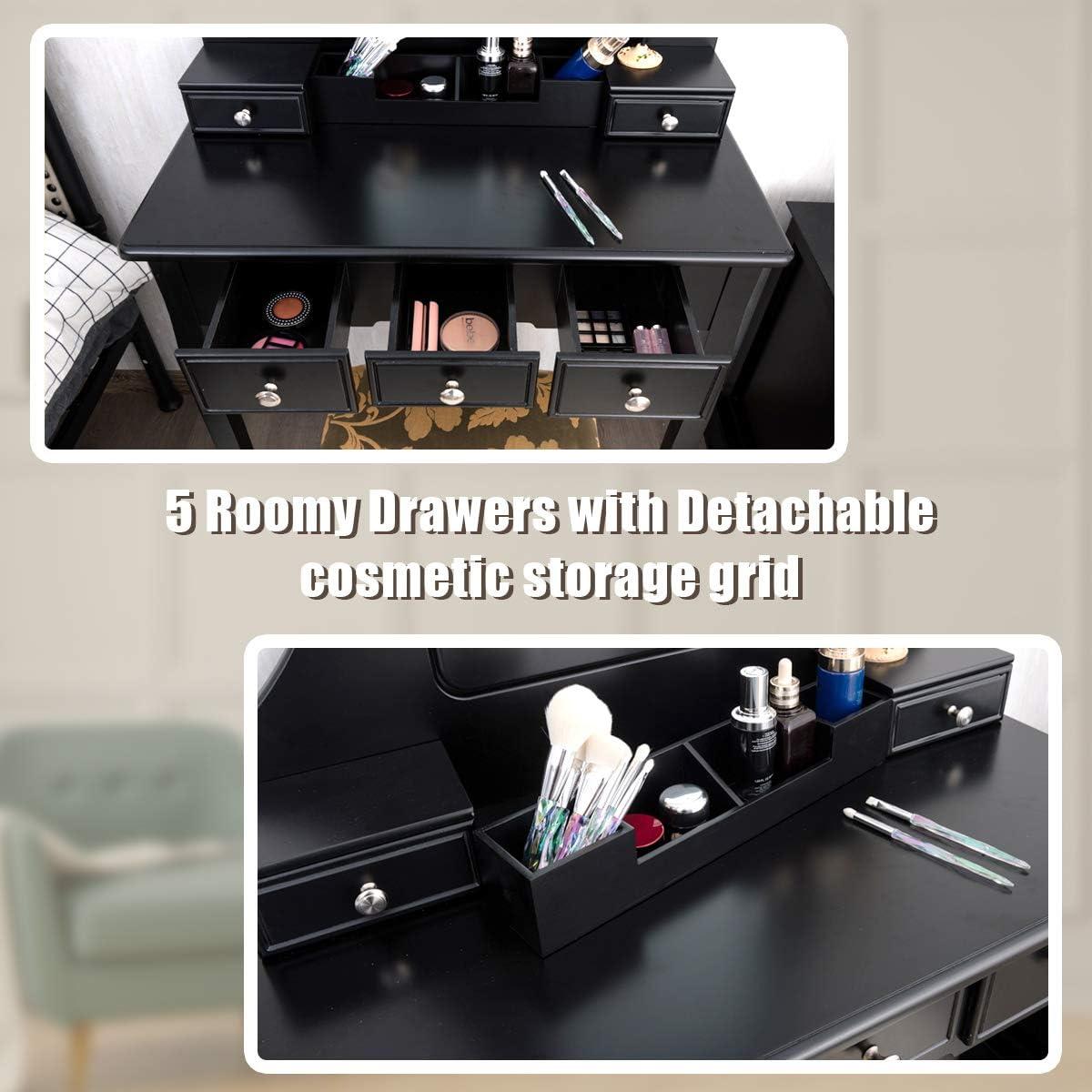 image:imageCHARMAID Vanity Desk with Mirror and Lights Makeup Vanity Table with 5 Storage Drawers 3 Color Lighting Modes Adjustable Brightness Modern Bedroom Dressing Table with Vanity Stool BlackBlack