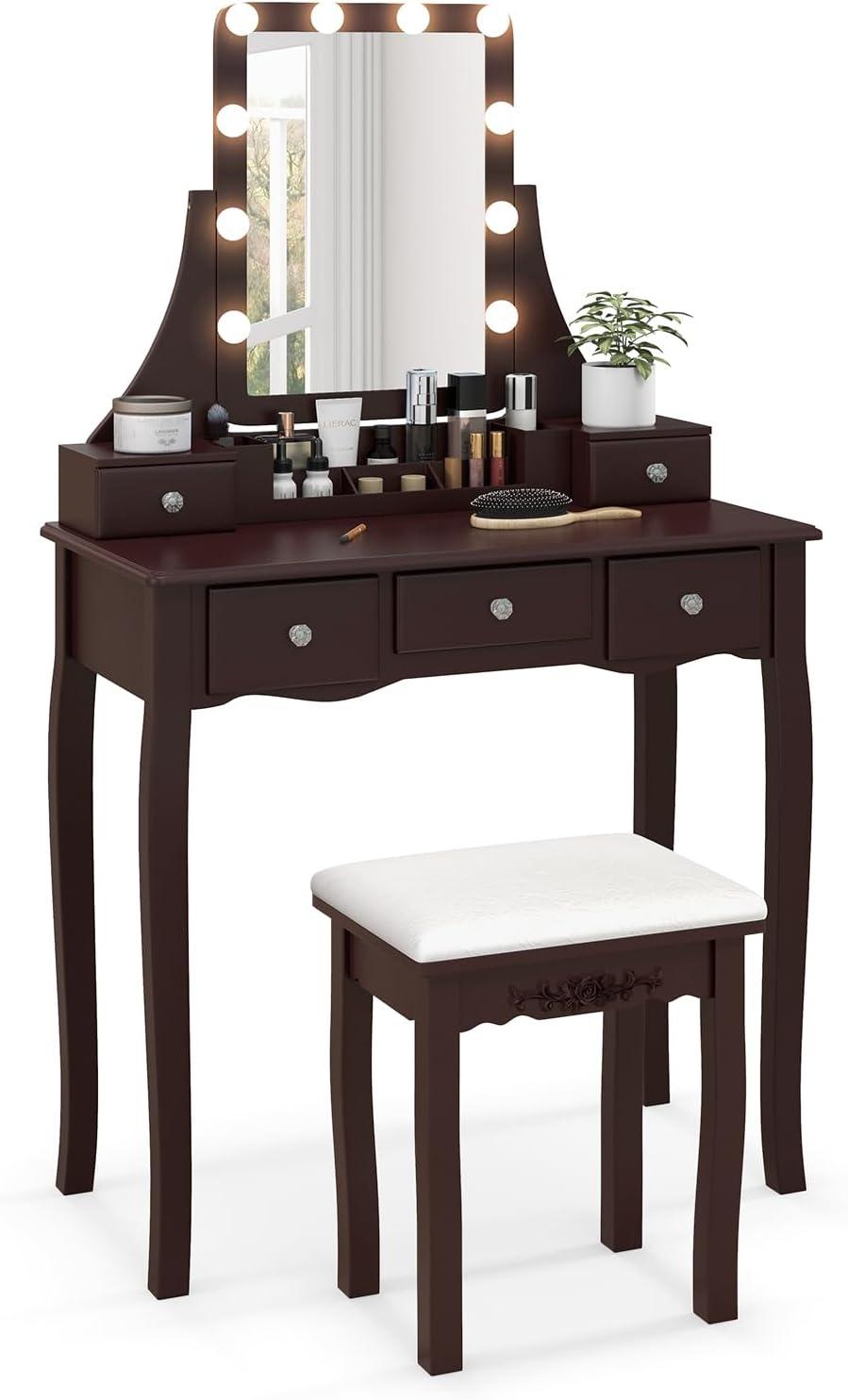image:imageCHARMAID Vanity Desk with Mirror and Lights Makeup Vanity Table with 5 Storage Drawers 3 Color Lighting Modes Adjustable Brightness Modern Bedroom Dressing Table with Vanity Stool BlackEspresso