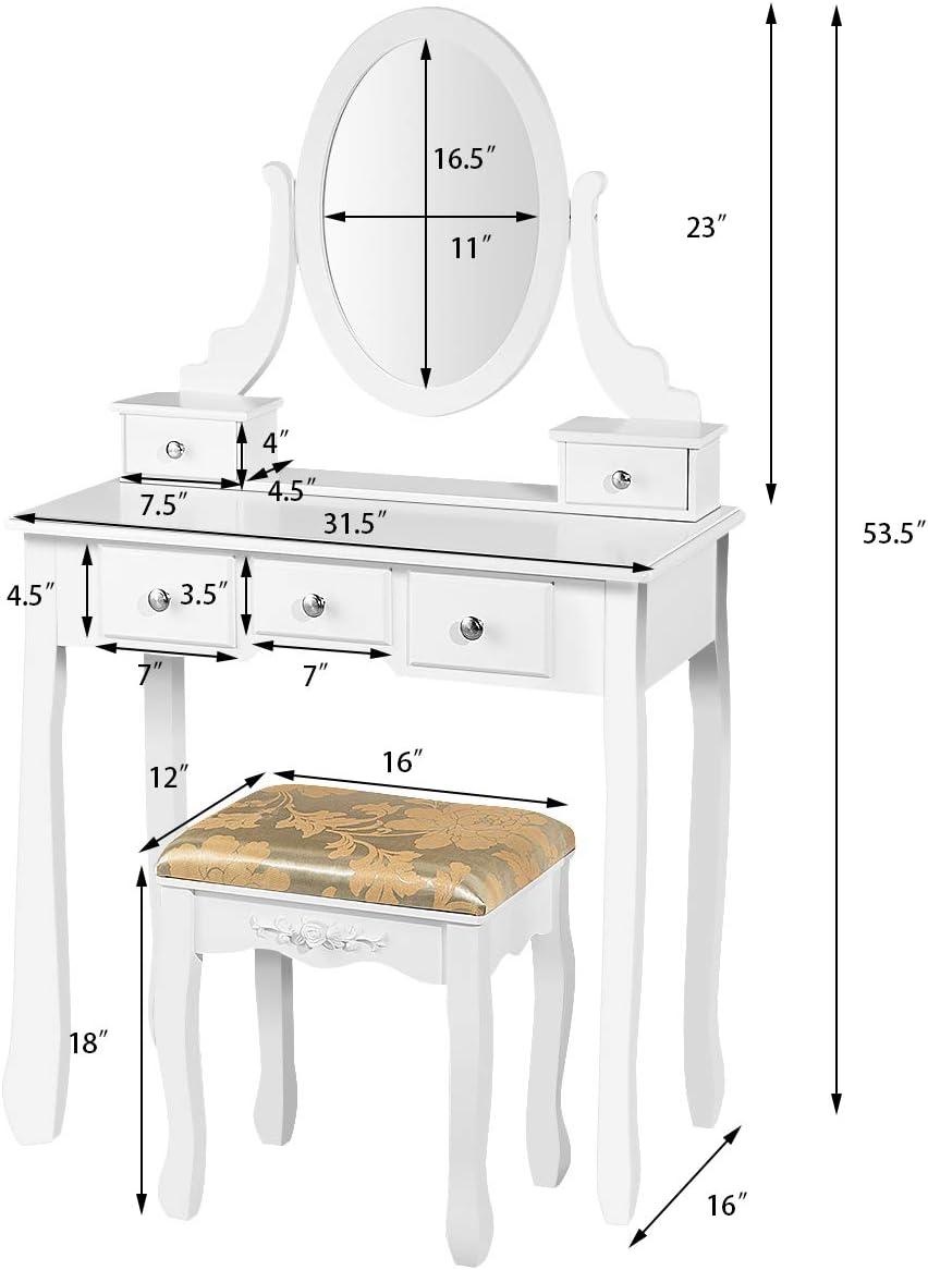 image:imageCHARMAID Vanity Desk with Mirror and Lights Makeup Vanity Table with 5 Storage Drawers 3 Color Lighting Modes Adjustable Brightness Modern Bedroom Dressing Table with Vanity Stool BlackWhite