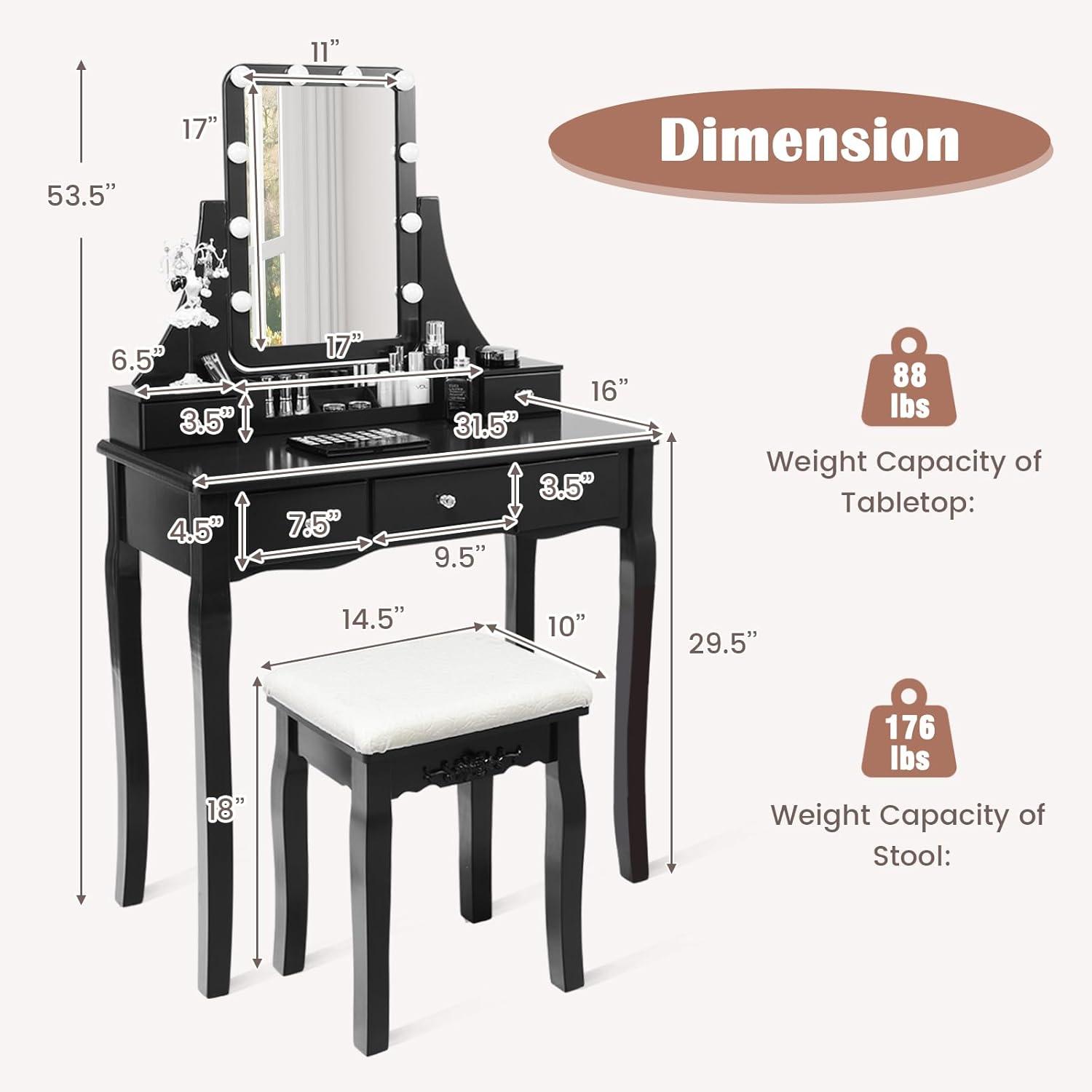 image:imageCHARMAID Vanity Desk with Mirror and Lights Makeup Vanity Table with 5 Storage Drawers 3 Color Lighting Modes Adjustable Brightness Modern Bedroom Dressing Table with Vanity Stool BlackBlack