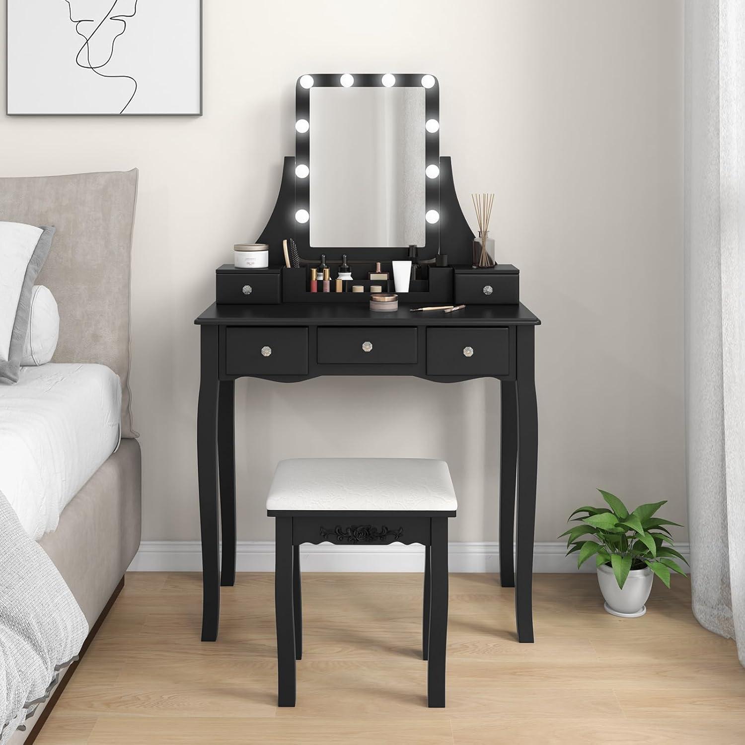 image:imageCHARMAID Vanity Desk with Mirror and Lights Makeup Vanity Table with 5 Storage Drawers 3 Color Lighting Modes Adjustable Brightness Modern Bedroom Dressing Table with Vanity Stool BlackBlack