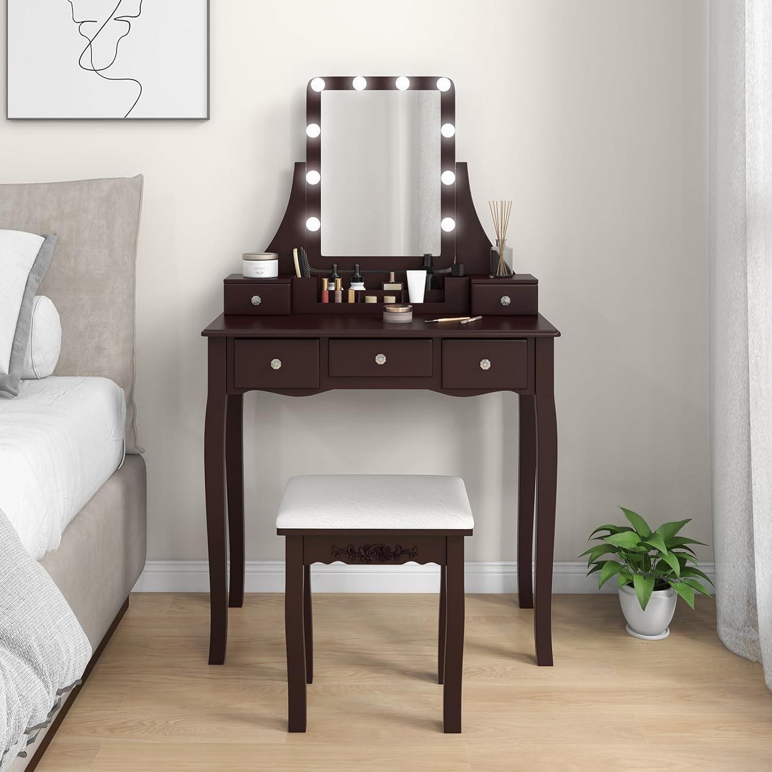 image:imageCHARMAID Vanity Desk with Mirror and Lights Makeup Vanity Table with 5 Storage Drawers 3 Color Lighting Modes Adjustable Brightness Modern Bedroom Dressing Table with Vanity Stool BlackEspresso