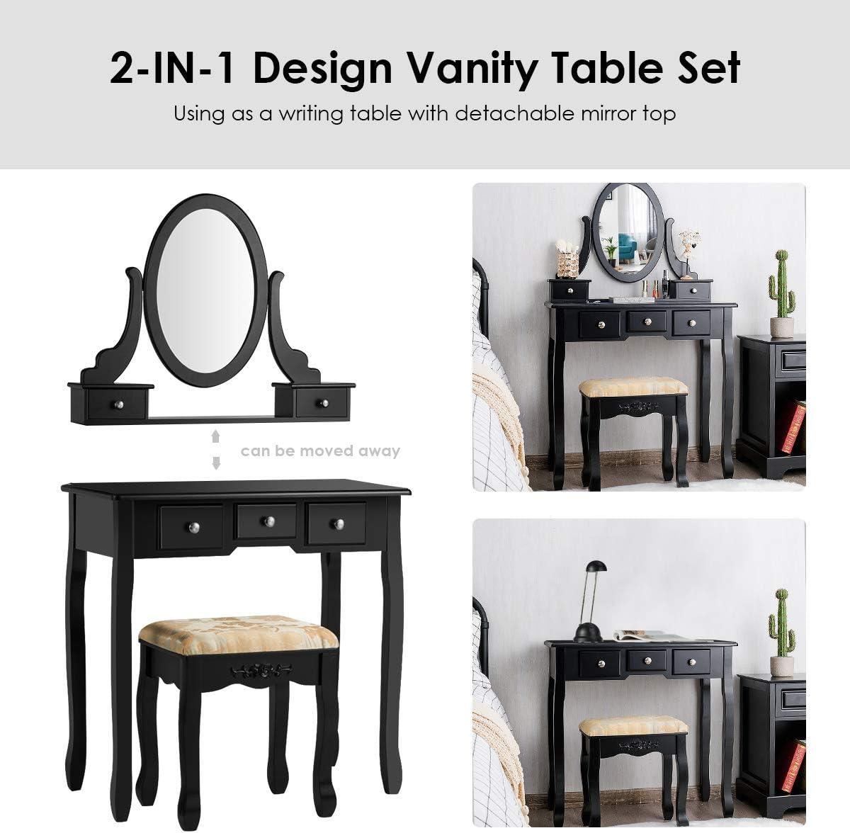 image:imageCHARMAID Vanity Desk with Mirror and Lights Makeup Vanity Table with 5 Storage Drawers 3 Color Lighting Modes Adjustable Brightness Modern Bedroom Dressing Table with Vanity Stool BlackBlack