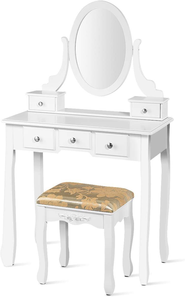 image:imageCHARMAID Vanity Desk with Mirror and Lights Makeup Vanity Table with 5 Storage Drawers 3 Color Lighting Modes Adjustable Brightness Modern Bedroom Dressing Table with Vanity Stool BlackWhite