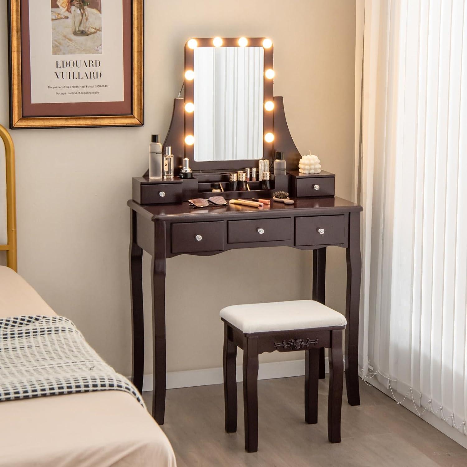 image:imageCHARMAID Vanity Desk with Mirror and Lights Makeup Vanity Table with 5 Storage Drawers 3 Color Lighting Modes Adjustable Brightness Modern Bedroom Dressing Table with Vanity Stool BlackEspresso
