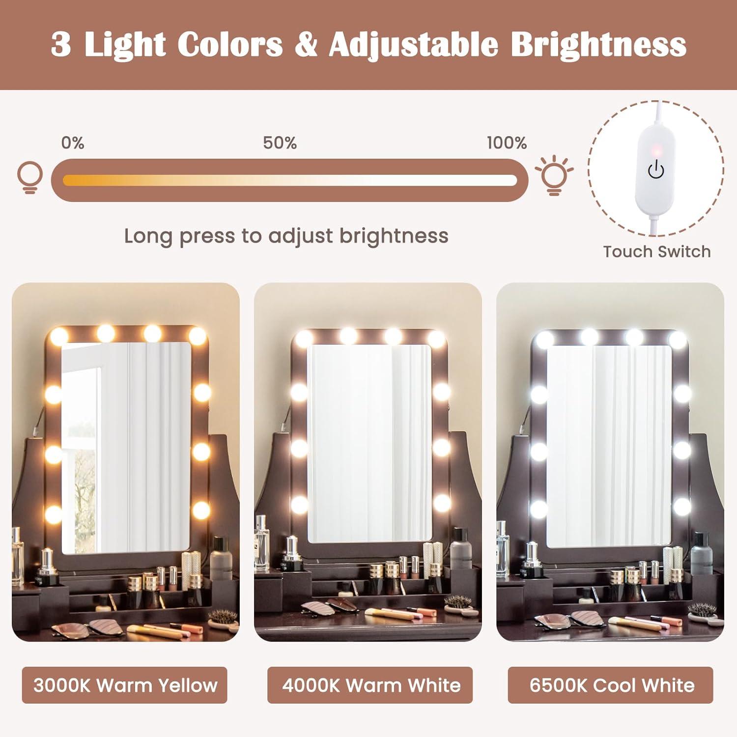 image:imageCHARMAID Vanity Desk with Mirror and Lights Makeup Vanity Table with 5 Storage Drawers 3 Color Lighting Modes Adjustable Brightness Modern Bedroom Dressing Table with Vanity Stool BlackEspresso