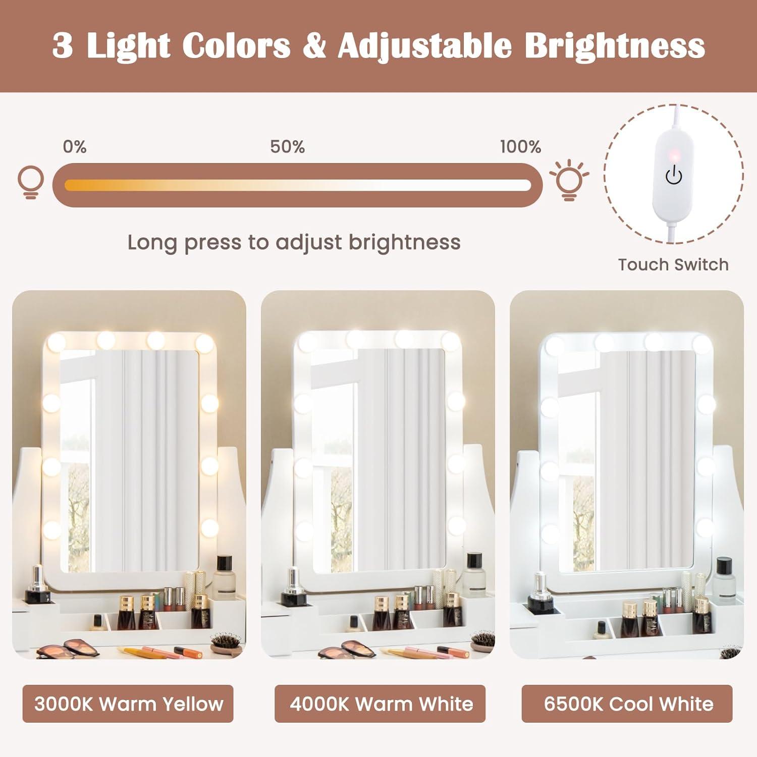 image:imageCHARMAID Vanity Desk with Mirror and Lights Makeup Vanity Table with 5 Storage Drawers 3 Color Lighting Modes Adjustable Brightness Modern Bedroom Dressing Table with Vanity Stool BlackWhite
