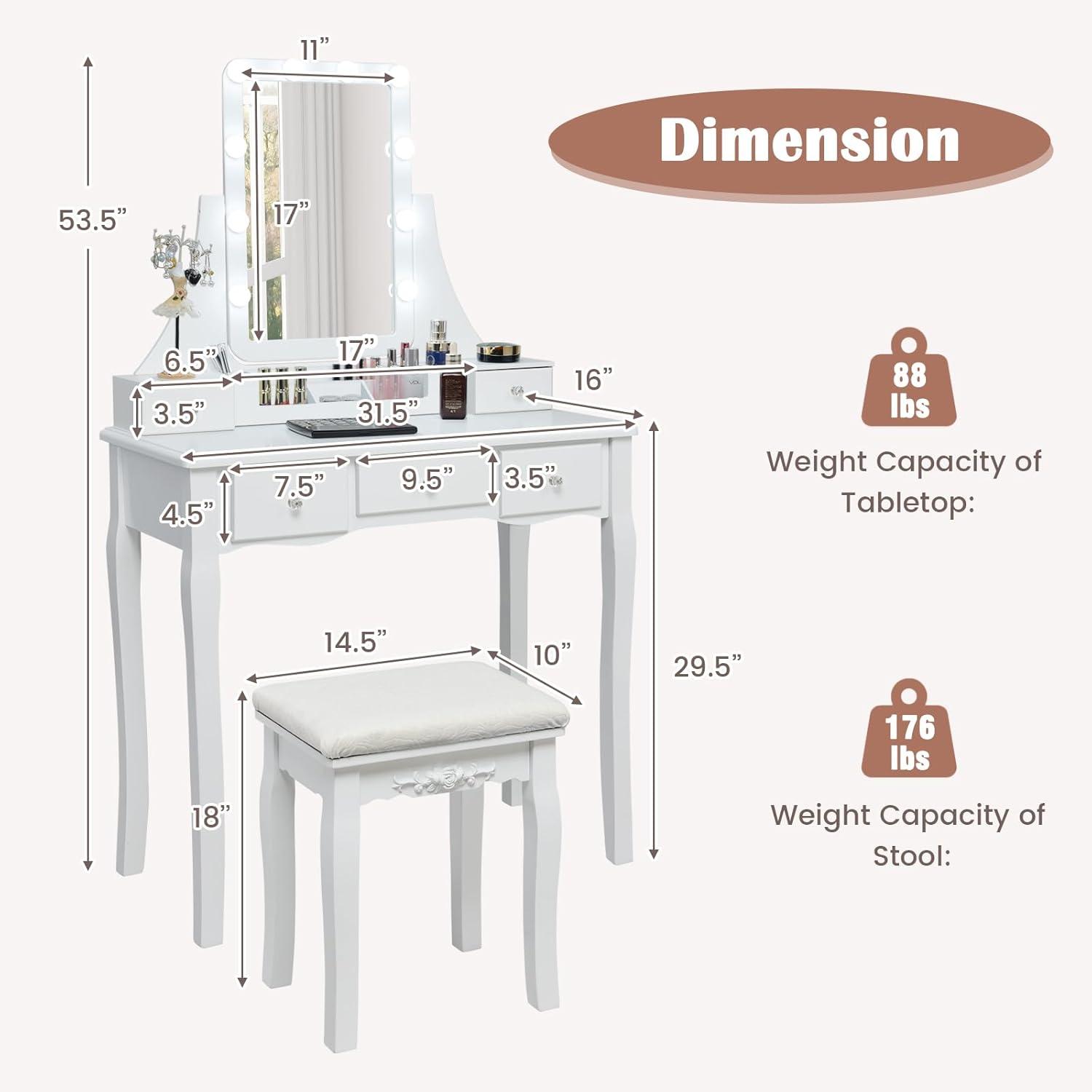 image:imageCHARMAID Vanity Desk with Mirror and Lights Makeup Vanity Table with 5 Storage Drawers 3 Color Lighting Modes Adjustable Brightness Modern Bedroom Dressing Table with Vanity Stool BlackWhite