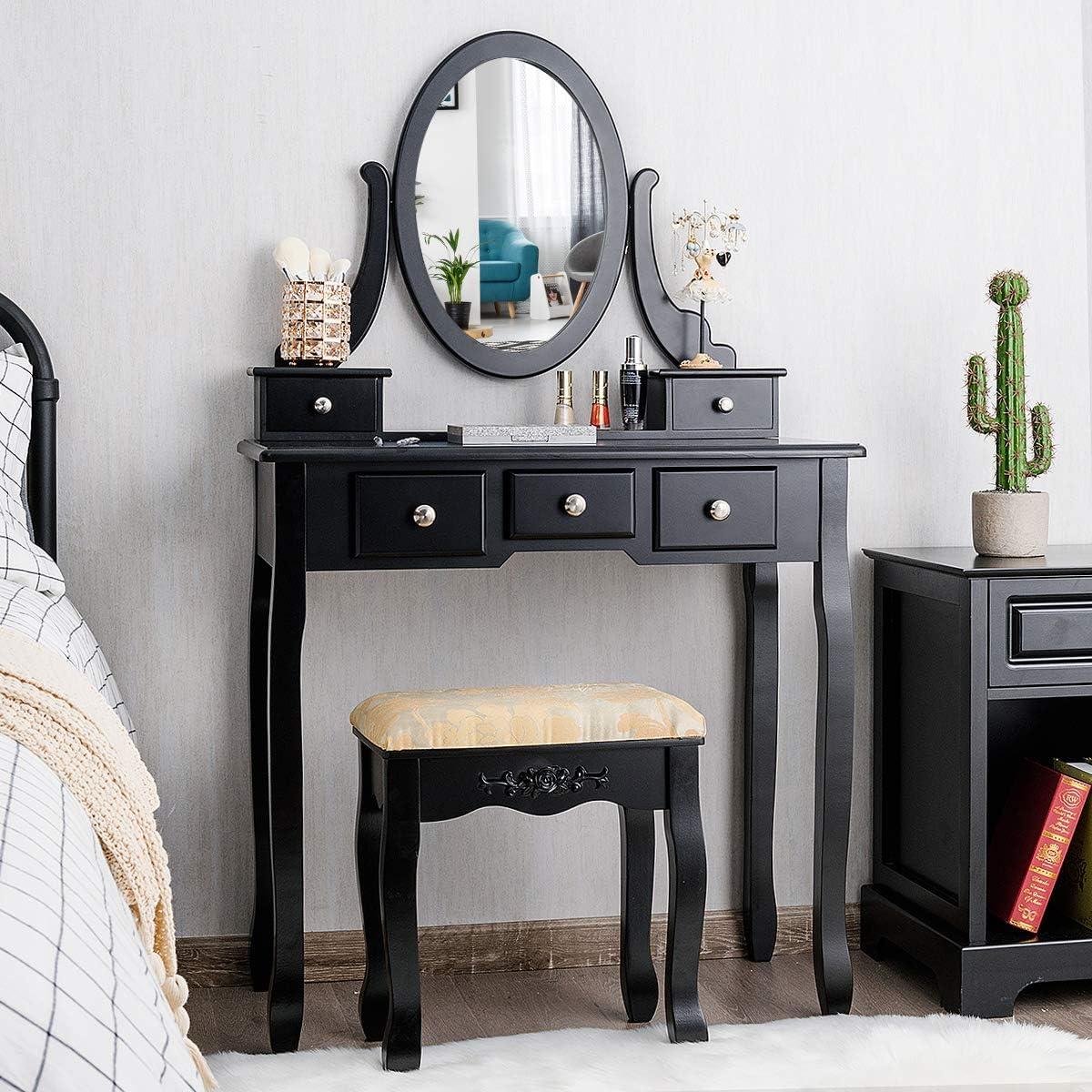 image:imageCHARMAID Vanity Desk with Mirror and Lights Makeup Vanity Table with 5 Storage Drawers 3 Color Lighting Modes Adjustable Brightness Modern Bedroom Dressing Table with Vanity Stool BlackBlack