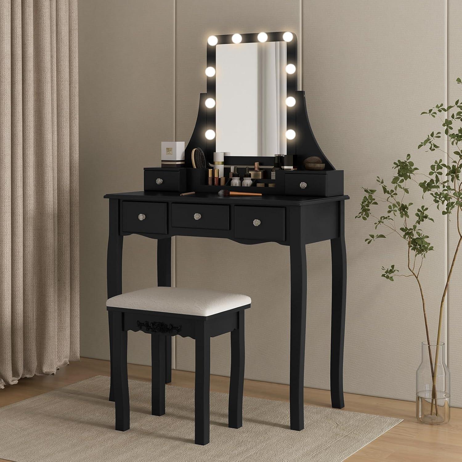 image:imageCHARMAID Vanity Desk with Mirror and Lights Makeup Vanity Table with 5 Storage Drawers 3 Color Lighting Modes Adjustable Brightness Modern Bedroom Dressing Table with Vanity Stool BlackBlack