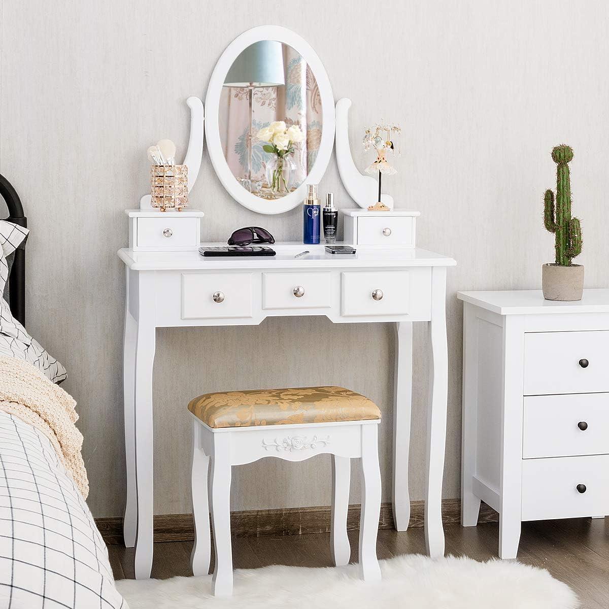 image:imageCHARMAID Vanity Desk with Mirror and Lights Makeup Vanity Table with 5 Storage Drawers 3 Color Lighting Modes Adjustable Brightness Modern Bedroom Dressing Table with Vanity Stool BlackWhite