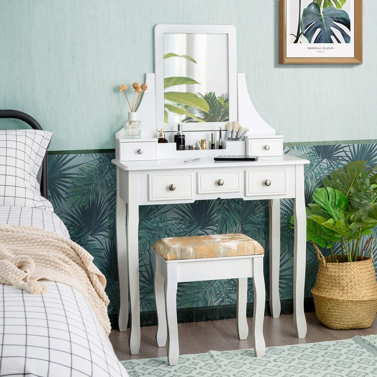 image:imageCHARMAID Vanity Desk with Mirror and Lights Makeup Vanity Table with 5 Storage Drawers 3 Color Lighting Modes Adjustable Brightness Modern Bedroom Dressing Table with Vanity Stool BlackWhite