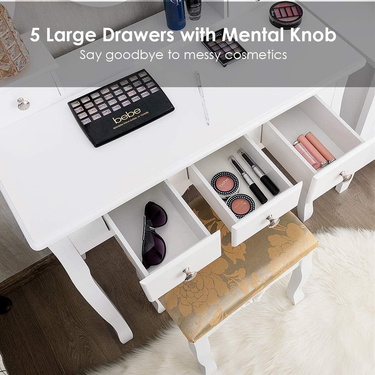 image:imageCHARMAID Vanity Desk with Mirror and Lights Makeup Vanity Table with 5 Storage Drawers 3 Color Lighting Modes Adjustable Brightness Modern Bedroom Dressing Table with Vanity Stool BlackWhite